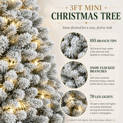 Snow-frosted mini Christmas tree with warm white LED lights, close-up branch tips graphic
