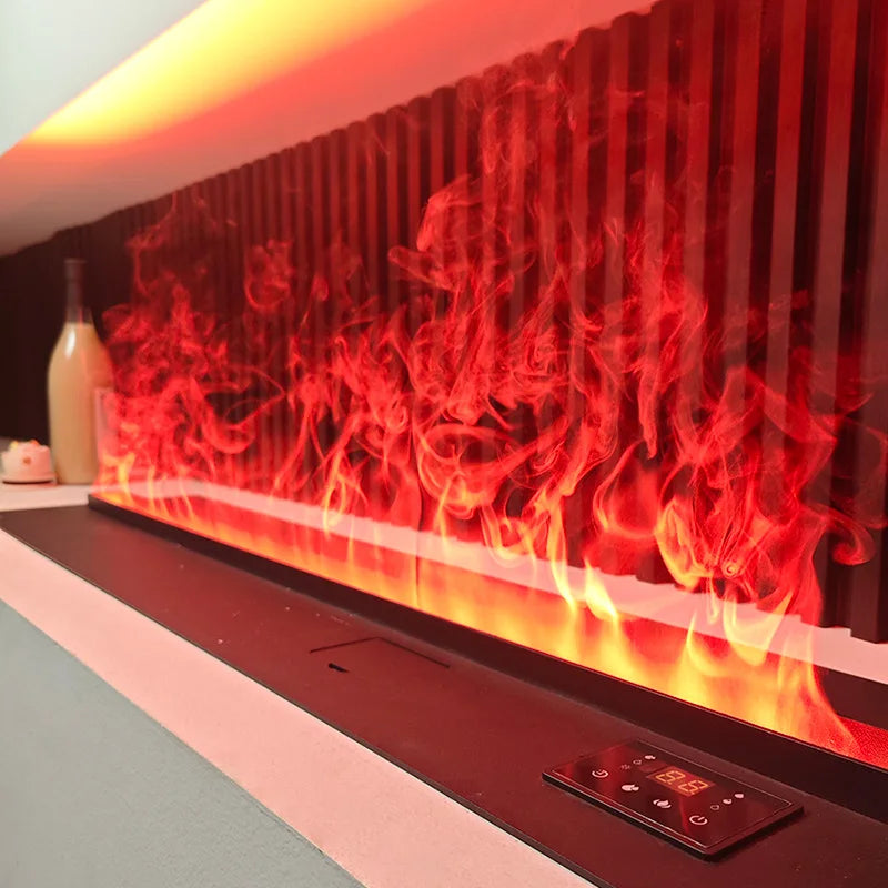 Wall-mounted linear mist fireplace with red flame stream and front touch control panel