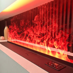 Wall-mounted linear mist fireplace with red flame stream and front touch control panel