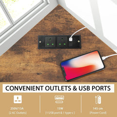 GOFLAME desk top power panel with outlet and USB ports on brown triangular tabletop