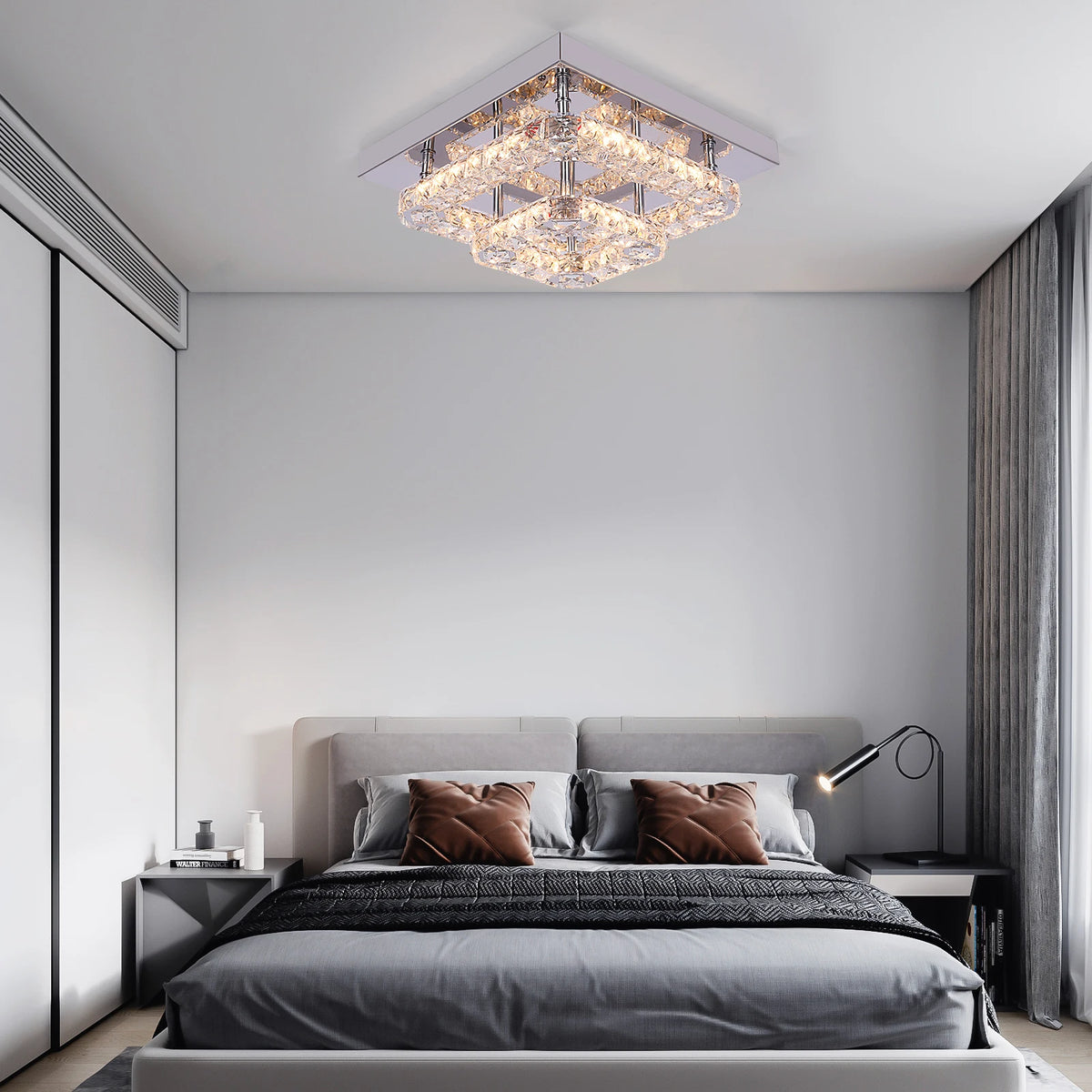 Square crystal ceiling chandelier with chrome finish, LED-style lighting effect