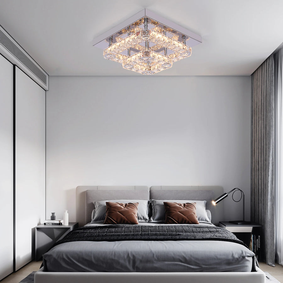 Square crystal ceiling chandelier with chrome finish, LED-style lighting effect