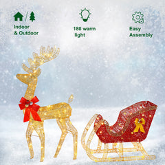 Glowing golden reindeer and red sleigh yard decoration with red bows and wire lights