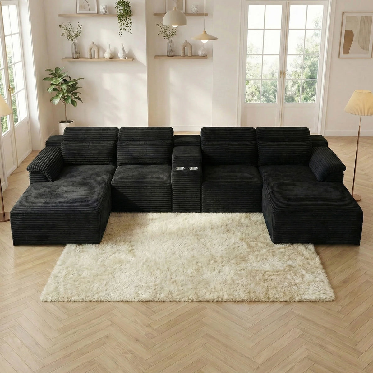 Black corduroy modular U-shape sectional sofa with center table and ottoman sections