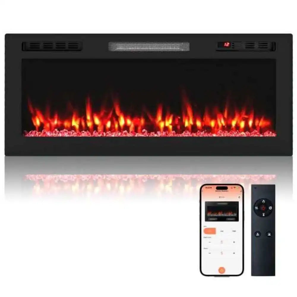 Black electric fireplace insert with red flame bed and WiFi app smartphone remote