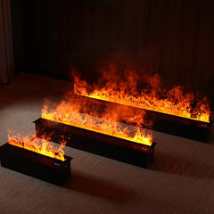 Embedded electric fireplace with bright orange flames in a dark base unit