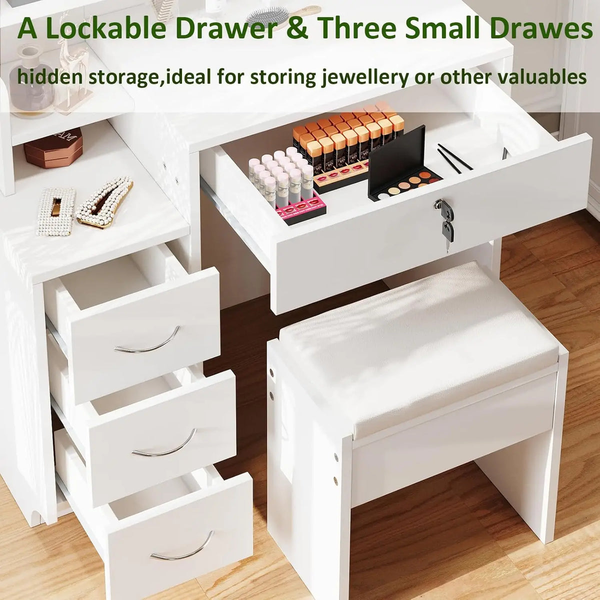 White vanity desk with lockable drawer and three small drawers plus stool