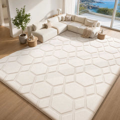 Cream white geometric area rug with embossed hexagon pattern, low-pile textured weave
