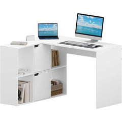 White L-shaped corner desk with open side book storage and two-monitor setup.