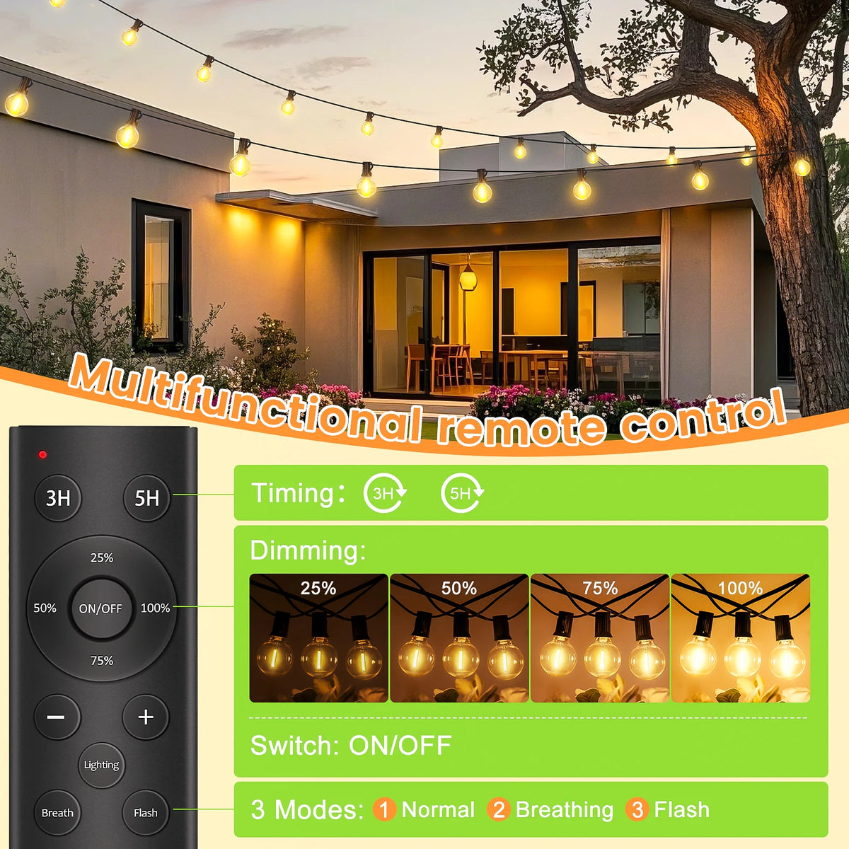 Outdoor globe string lights with remote control for timing and dimming
