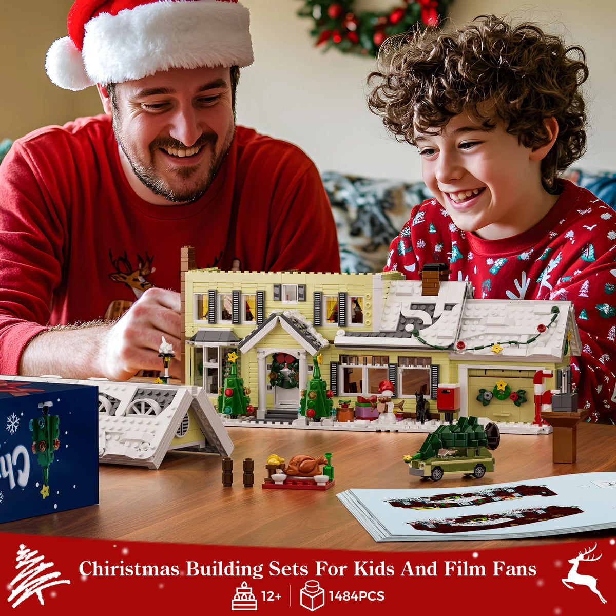 Family playing with lighted Christmas village house building blocks on a table