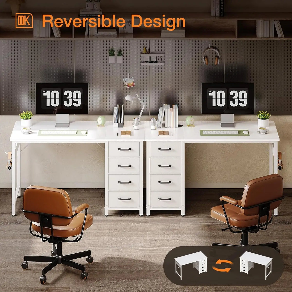 White reversible computer desk showing dual-side drawer storage and open work area