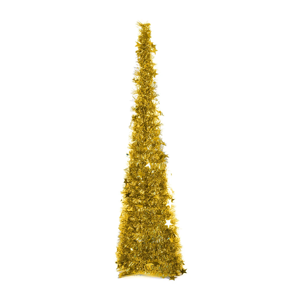 Gold collapsible tinsel Christmas tree, full height, isolated.