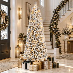 Snow-frosted slim pre-lit artificial Christmas tree with warm white lights and full branches.