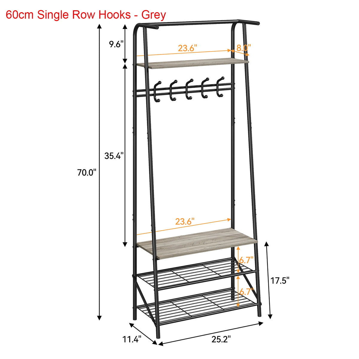 Coat rack shoe bench size diagram with single-row hooks, grey frame, shoe shelf