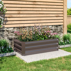 Outdoor raised bed planter with dark gray slatted panels, front and side view.