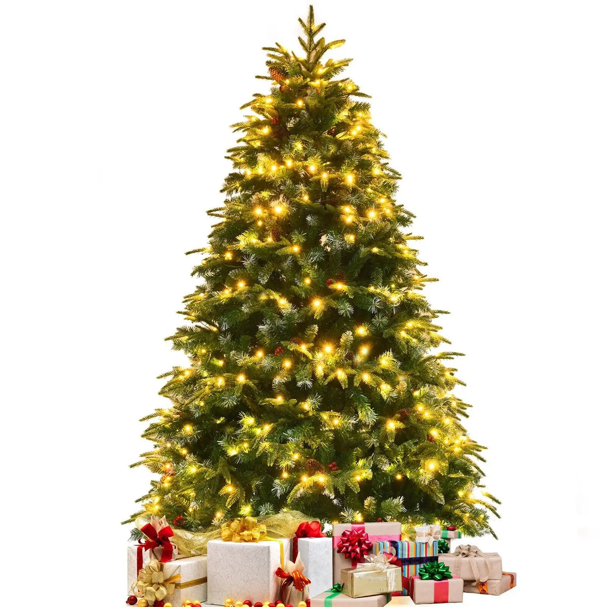 Snowy artificial Christmas tree with warm yellow LED lights, lit branches on metal stand
