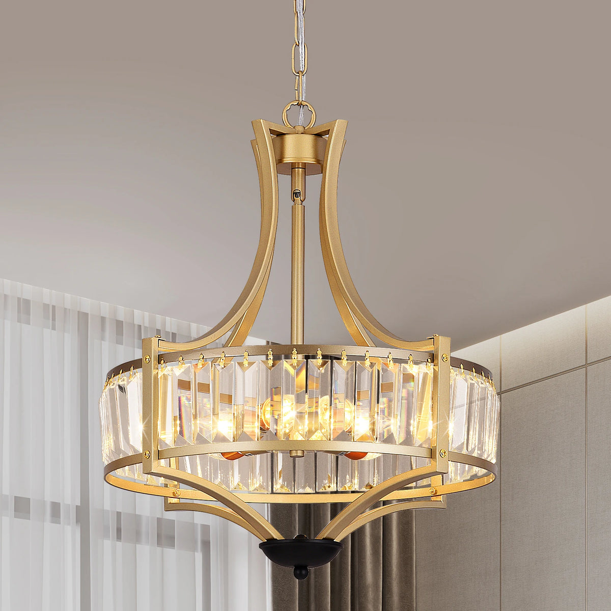 Gold crystal pendant ceiling lamp with clear glass drum and hanging chain frame