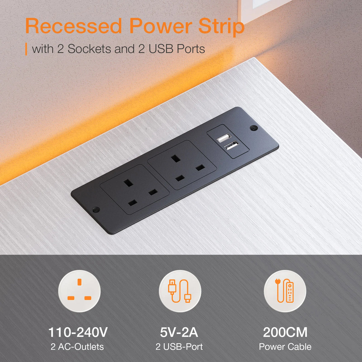 Recessed power strip on white desk with AC sockets and USB ports