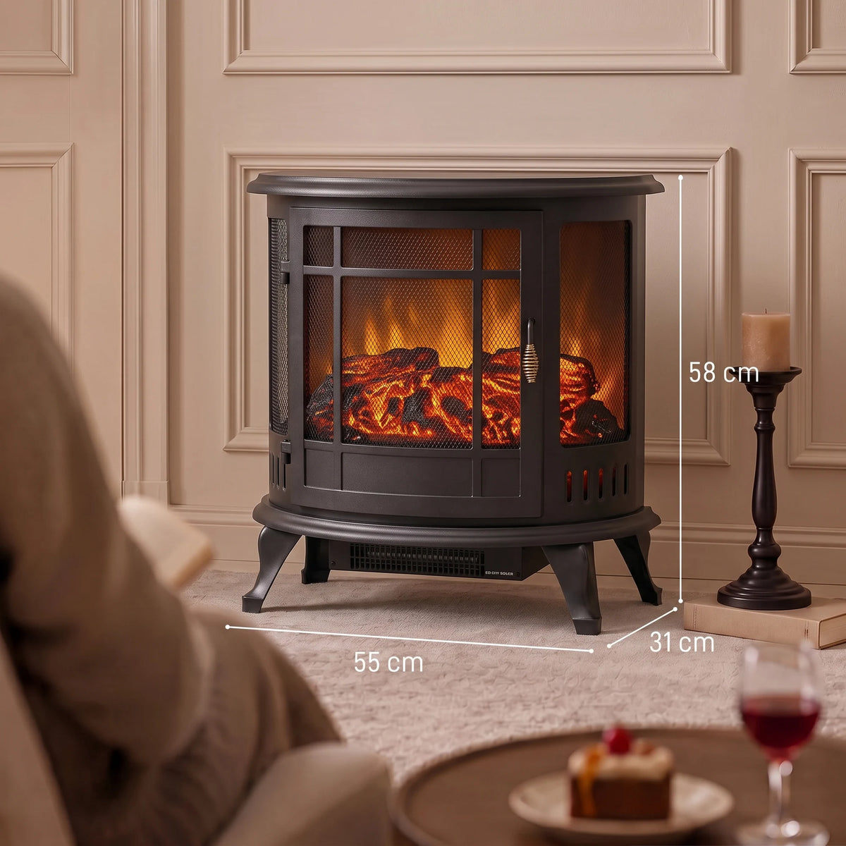 Black electric fireplace stove with glass front and realistic flame, standing on legs