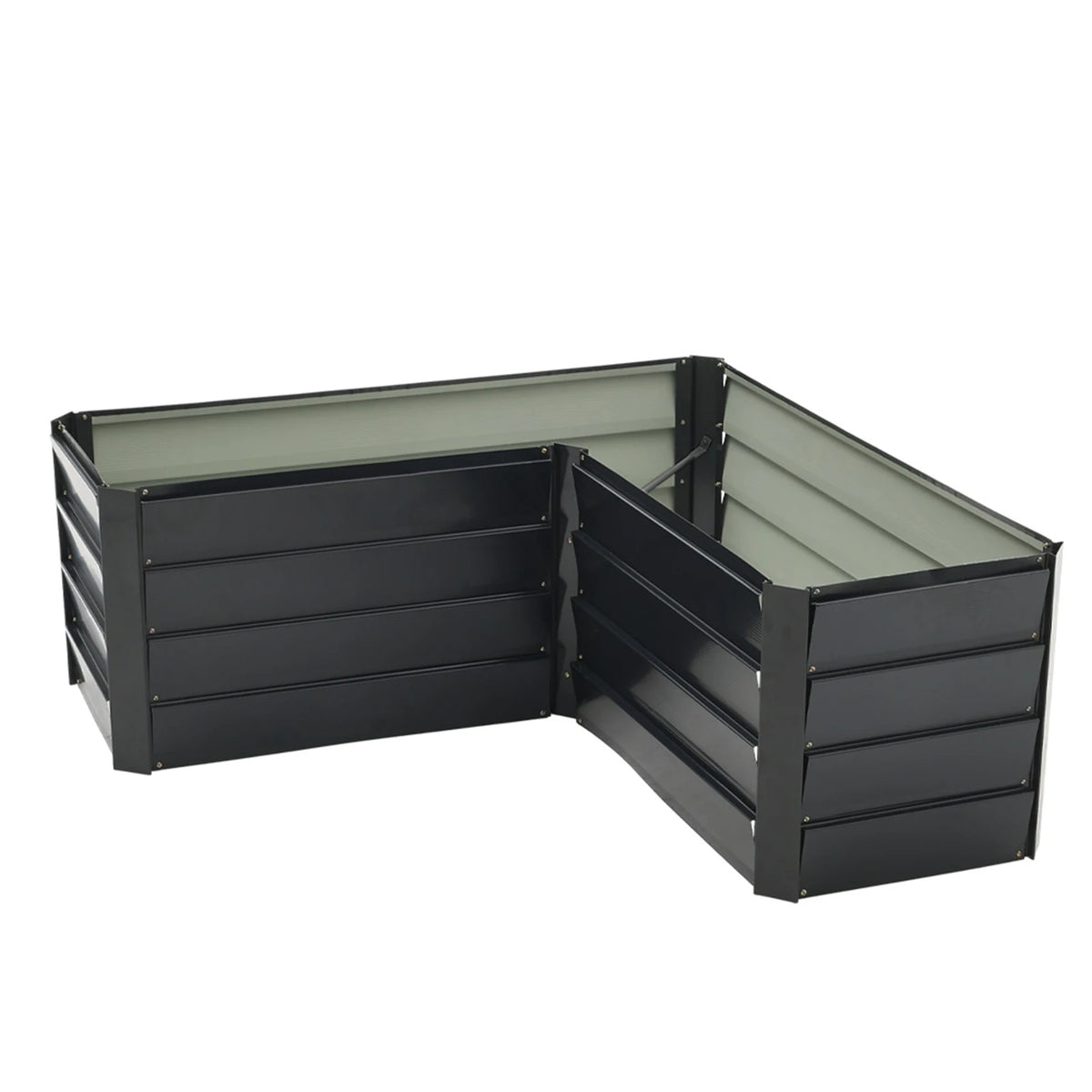 Charcoal black L-shaped metal raised garden bed with corner opening and inner sidewalls