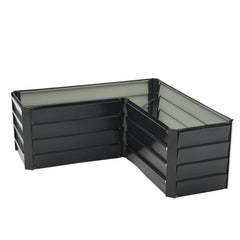 Charcoal black L-shaped metal raised garden bed with corner opening and inner sidewalls