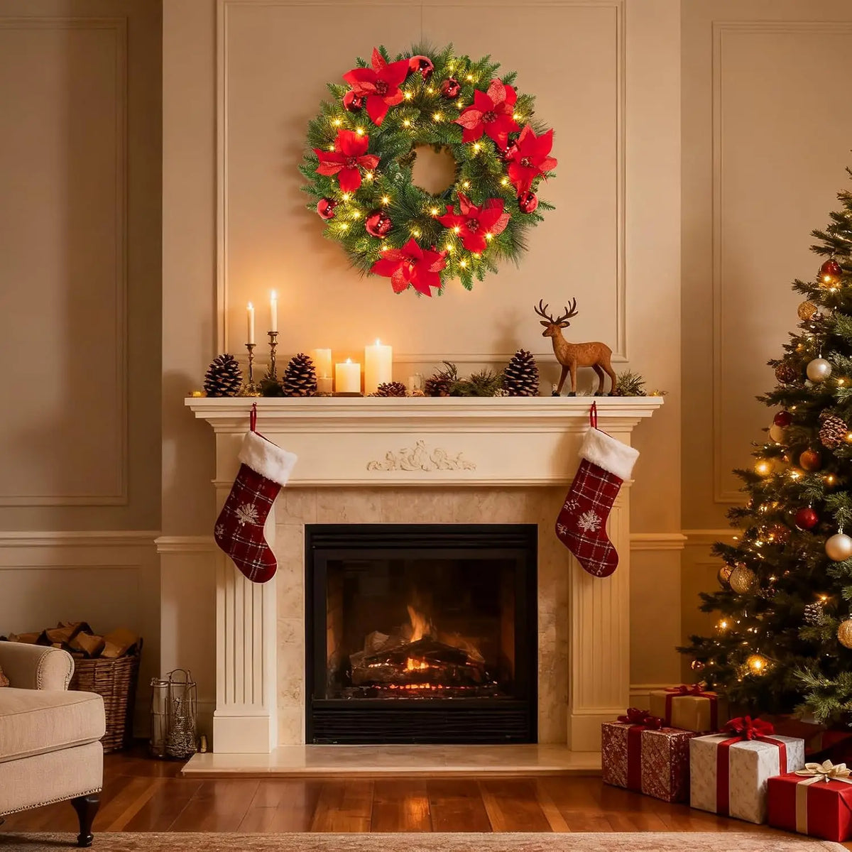 Handmade rustic Christmas vine wreath with red poinsettias and warm white lights