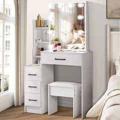 White vanity dressing table with LED bulb mirror, side drawers, and cushioned stool