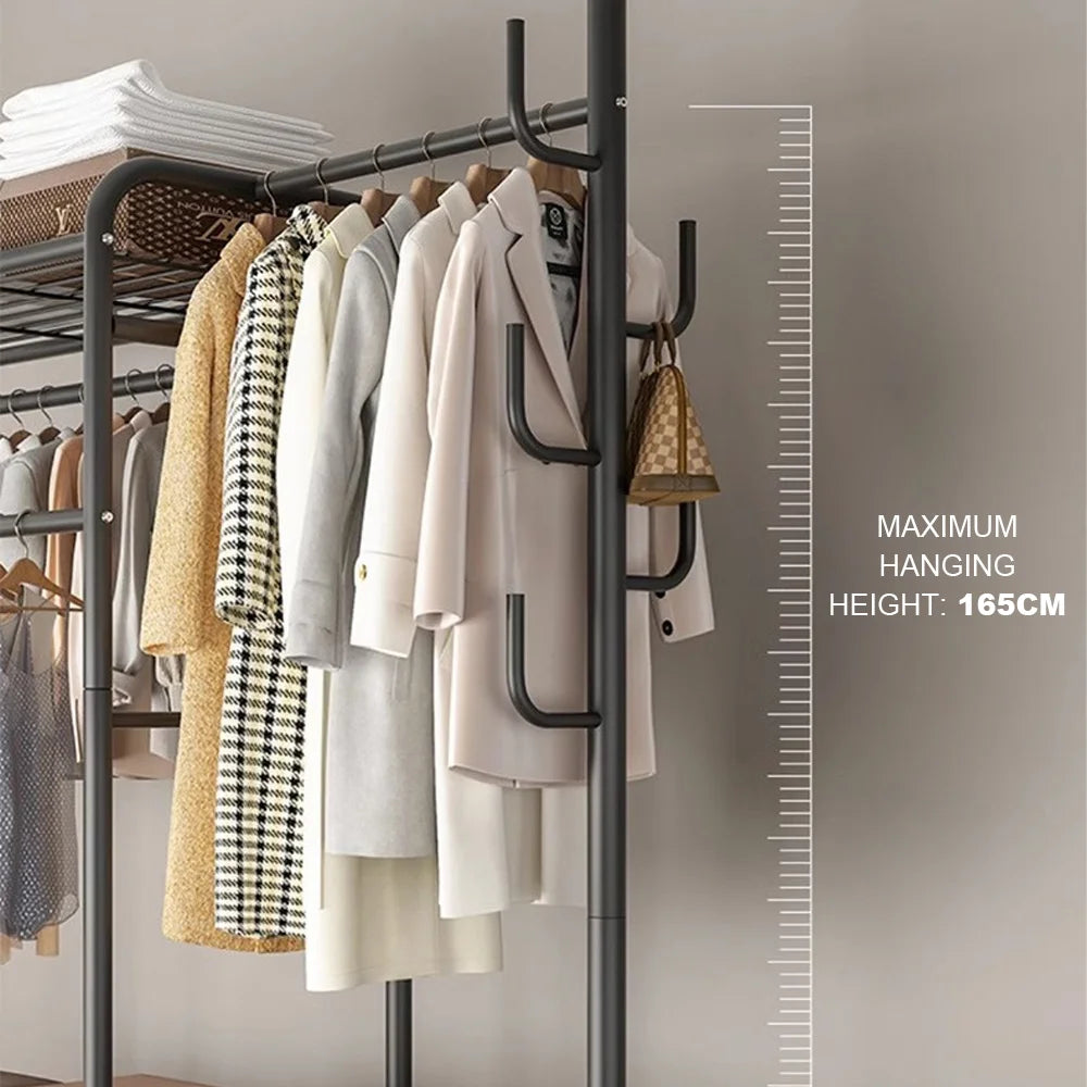 Charcoal clothing rail with multi-rail hanging bars and hanging coats