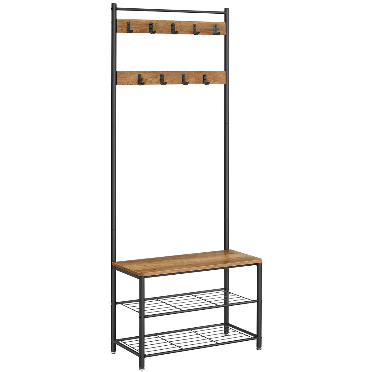 Black coat stand with 9 hooks on wood slats and shoe shelves