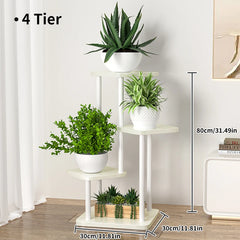 4-tier plant stand with creamy white frame, white shelves, and potted plants