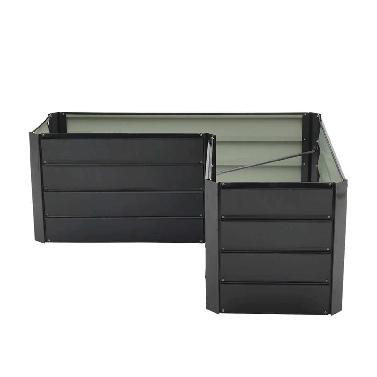 Charcoal black L-shaped metal raised garden bed with hinged side panel and open top