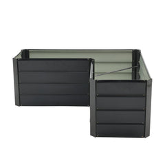 Charcoal black L-shaped metal raised garden bed with hinged side panel and open top