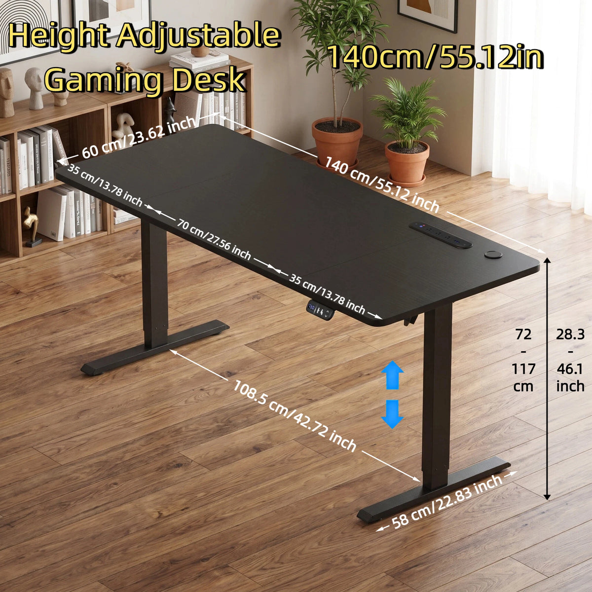Height-adjustable desk size diagram with 140cm black desktop and adjustable legs