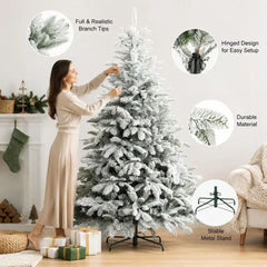 Artificial flocked Christmas tree with hinged design, red and gold ornaments, metal stand
