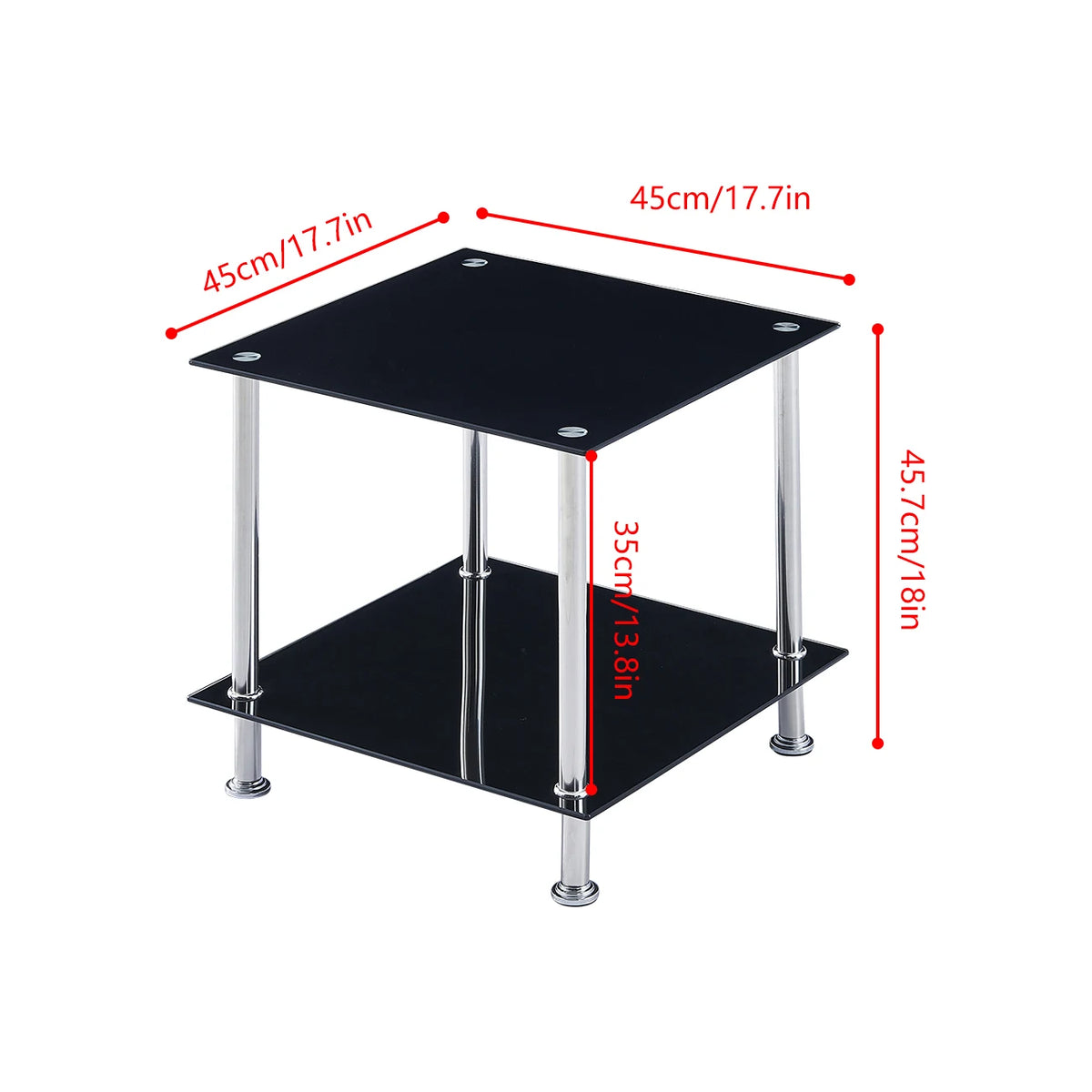 Square 2-tier black glass end table dimensions with stainless steel legs
