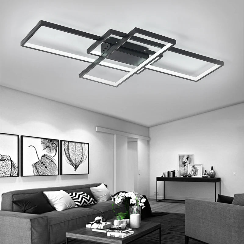 Modern rectangular LED ceiling chandelier with black frame and four rectangular light panels