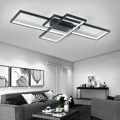 Modern rectangular LED ceiling chandelier with black frame and four rectangular light panels
