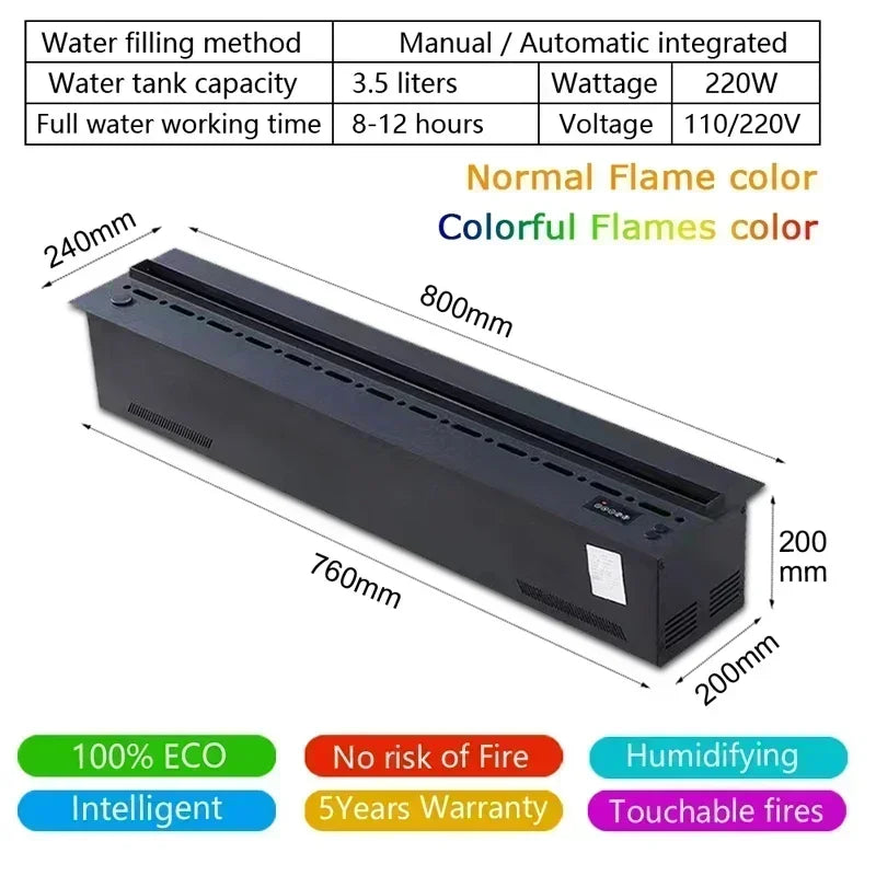 Black electric fireplace dimensions diagram, 800mm length and colorful flame option