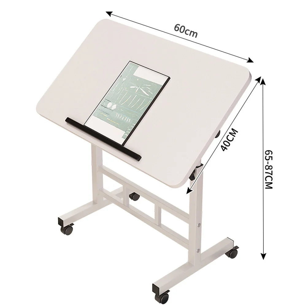 White adjustable standing desk with wheels, top size marked 60 cm x 40 cm