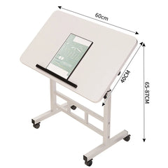 White adjustable standing desk with wheels, top size marked 60 cm x 40 cm