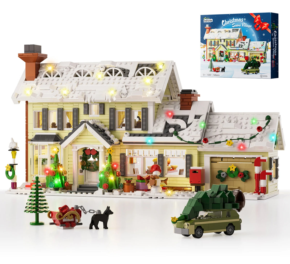 White Christmas house building blocks set with lit windows, tree, and small vehicles