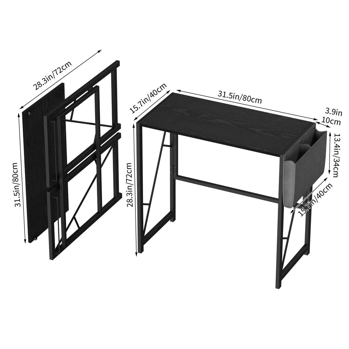 Black folding table side view with open and folded dimensions labeled