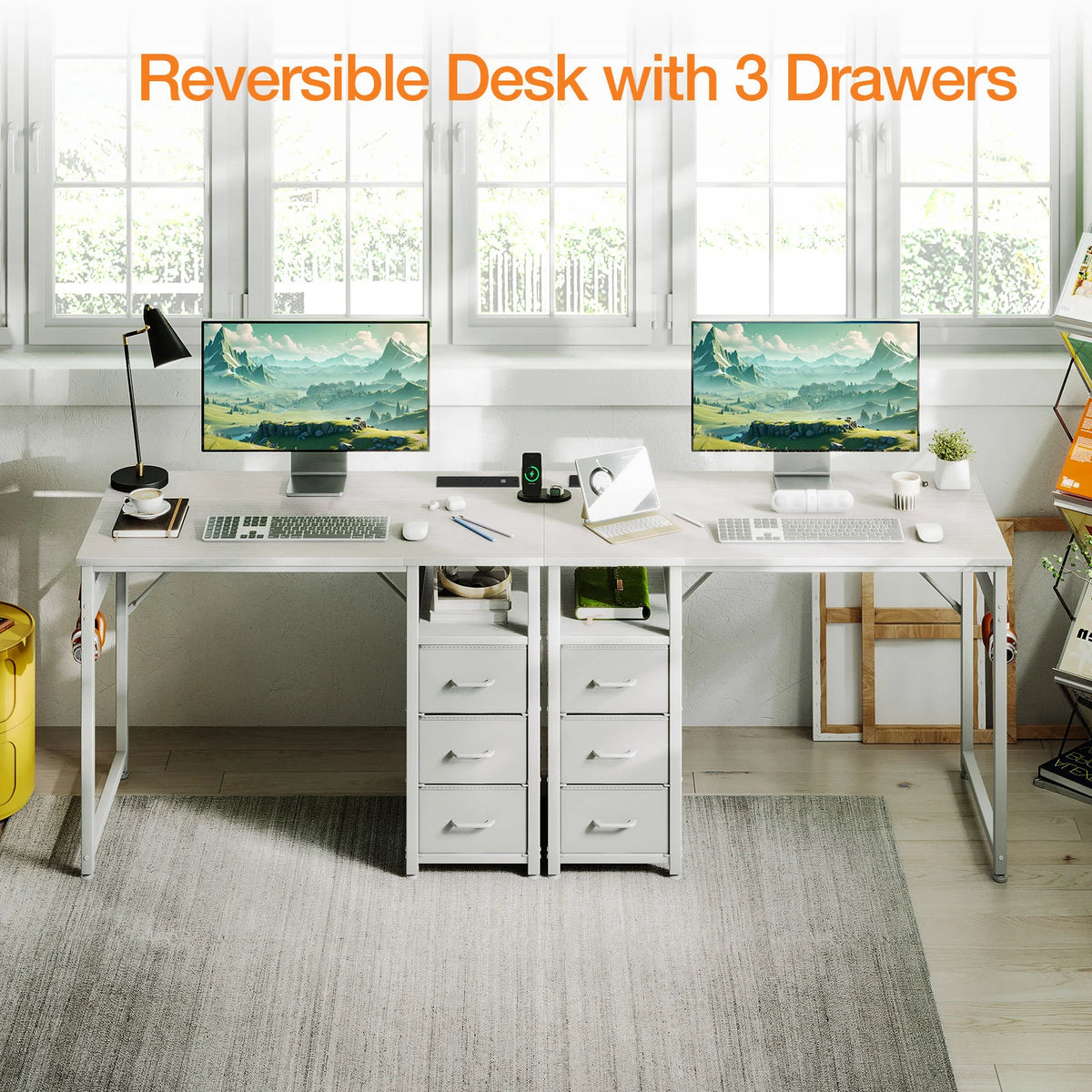 White office desk with two side drawer columns and open shelf space under the tabletop