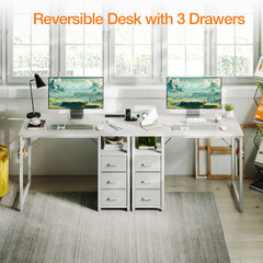 White office desk with two side drawer columns and open shelf space under the tabletop
