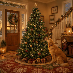 Artificial green Christmas tree with warm white lights and red and gold baubles