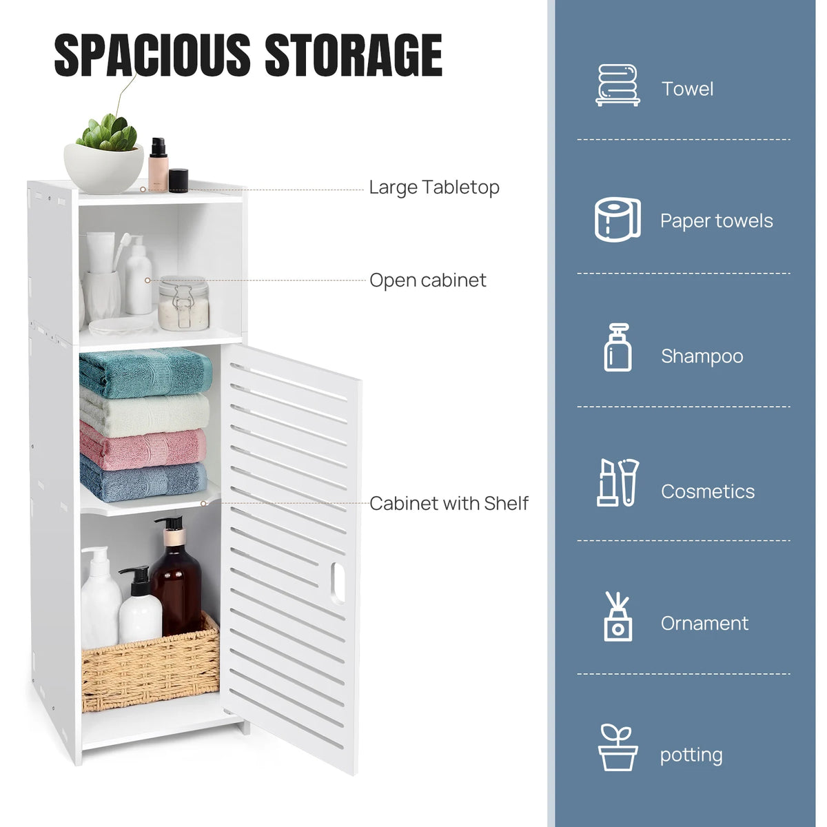 White bathroom cabinet with louvered door and interior shelving for towels and toiletries
