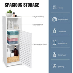 White bathroom cabinet with louvered door and interior shelving for towels and toiletries