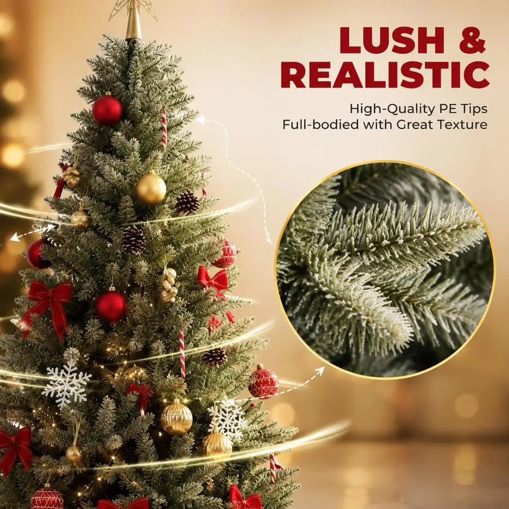 Pre-lit artificial Christmas tree with dense green tips, red and gold baubles and ribbons