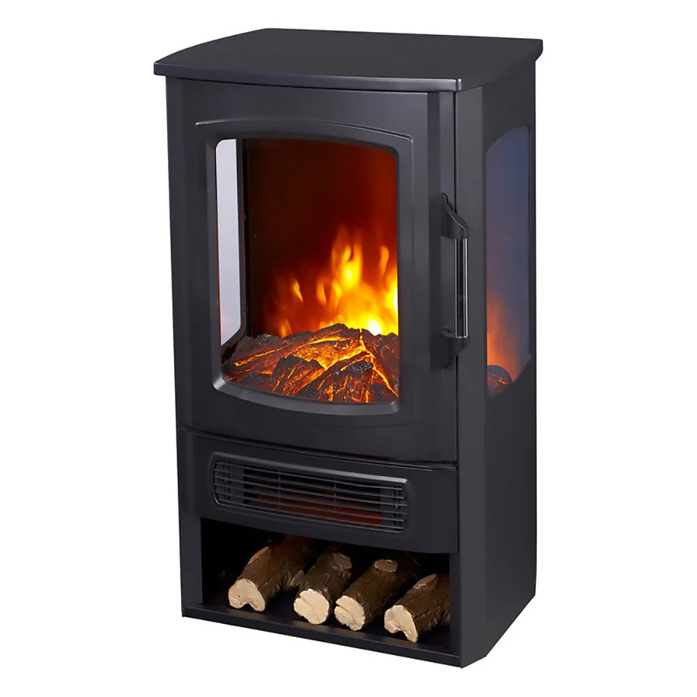 Freestanding electric fireplace heater, front view with logs and LED flame effect, dark body